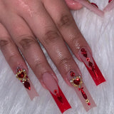 Qfdian  24Pcs Long Coffin False Nails Pink French Flowers Design Fake Nail with Butterfly Rhinestone Wearable Ballet Press on Nails