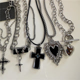 Qfdian  Punk Rock Black Heart Cross Pendant Chain Necklace For Men Women Cool Hip Hop Street Vintage 90s Y2K Grunge Goth Accessories