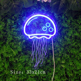 Qfdian  Jellyfish LED Neon Night Light Sign Wall Art  Lamp Xmas Birthday Gift Wedding Party Lucky Cat Dinosaur Neon Lamp Home Decor
