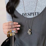 Qfdian Korean Colorful Stones Geometric Pendant Necklace for Women Simple Metal Grape Cluster Clavicle Chain Sweater Chain Jewelry Gift