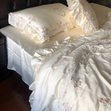 Qfdian 800TC Lyocell Bamboo Fiber Soft Silky Bedding Set Rose Floral Embroidery Lace Ruffles Duvet Cover Flat/Fitted Sheet Pillowcases