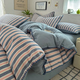 Qfdian  Nordic Bedding Set Striped Duvet Cover Set 100% Cotton Soft Flat Sheet Single Twin Size Double Bed Sheet Set For Bedroom Decor