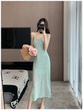 Qfdian  Summer Fashion Mint Green Knitted Women's Sling Dresses Korean Casual Waist Wrapped Women Vacation Style Hip Wrap Dress