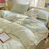 Qfdian  Floral Bedding Set Korean Style Duvet Cover Set Bed Linen Set Flat Sheets Set 2 Pillowcases Single Double Queen Size For Student