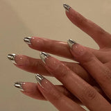 Qfdian 24Pcs Mid-length French Fake Nail with Silver Edge Design Round Head Almond False Nail Wearable Simple Finished Press on Nails