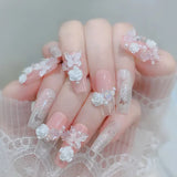 Qfdian  24pcs Floral Coffin Nails Set Press on Nails Cat Eye Fake Nails Butterfly Flower Design False Nails Wearable Manicure Nail Tips