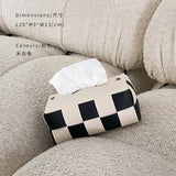 Qfdian Checkerboard Woven Tissue Box PU Leather Napkin Case Living Room Office Desktop Home Decoration Creative Paper Towel Cover