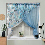 Qfdian  1Panel Blue White Double Layer Crossing Short Curtains For Kitchen Pastoral Leaves Pattern Window Screen Partition Tulle Drapes