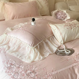 Qfdian 4Pcs Flowers Embroidery Lace Ruffles Princess Wedding Bedding Set Egyptian Cotton Duvet Cover Bed Sheet/Fitted Sheet Pillowcases