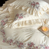 Qfdian Rose Flowers Embroidery Lace Ruffles Luxury Bedding Set 1000TC Egyptian Cotton Duvet Cover Set Flat/Fitted Bed Sheet Pillowcases