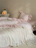 Qfdian French Lace Ruffles Princess Wedding Bedding Set Pure Cotton Double Layer Yarn Soft Duvet Cover Flat/Fitted Bed Sheet Pillowcase