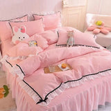 Qfdian Checkered Bedding Set Bed Skirt Ruffle Lace Princess Style Girls Duvet Cover Simple Solid Color Home Textiles Decor Bedroom