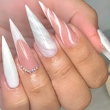 Qfdian  24pcs Long Stiletto Press on Nails Hot Girl Almond False Nails Nude Flower Rhinestones Full Cover Fake Nail Finished Manicure