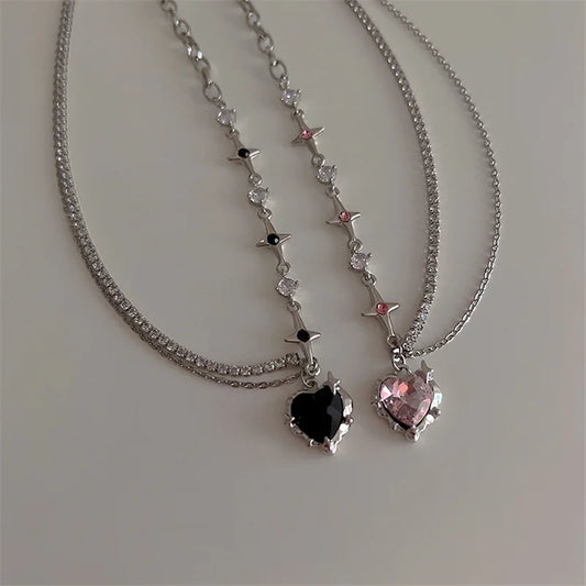 Kpop Black Heart Pendant Necklace Punk Shiny Rhinestone Star Asymmetric Chain Necklace for Women Neck Chain Y2K Jewelry