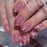 Qfdian  24Pcs Solid Color Grey Almond Fake Nail Cat's Eye Design Wearable Round Head False Nails with Shiny Powder Press on Nails