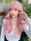 Qfdian 20Inch Peachy Pink Pretty Lolita Synthetic Wigs with Bang Medium Natural Wavy Hair for Women Daily Use Cosplay Heat Resistant