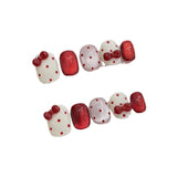 Qfdian 10pcs Handmade Short Cat Eye Dot Red Bow Removable Christmas Press on Nails Acrylic Cute Fake Nails Sweet False Nails for Hands