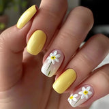 Qfdian 24Pcs Simple Yellow Fake Nails White Flower Design Press on Nails Short Square Head Detachable Nail Tips Full Cover False Nail