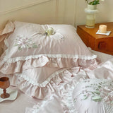 Qfdian  4/7Pcs Flowers Embroidery Lace Ruffles Wedding Bedding Set 1200TC Egyptian Cotton Duvet Cover Flat Bed Sheet Pillowcases