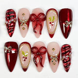 Qfdian  24pcs Red Cat Eye Press on Nails Pearl Heart Stick on Nails Bow French Fake Nails Sweet Cute Flower Nail Almond 3D False Nail
