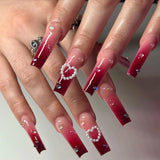 Qfdian 24Pcs Extra Long Square Fake Nail with Glue 3D Little Bear Bow Design False Nails White French Press on Nails Wearable Manicure