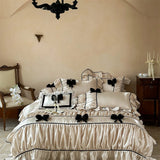 Qfdian  Vintage French Ruffled Ruffles Bow Bedding Set Silky Brocade Egyptian Cotton Duvet Cover Flat Bed Sheet Pillowcase 4/5Pcs