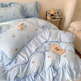 Qfdian  French Hepburn style 4-piece bed set, Korean princess lace washed cotton embroidery duvet set