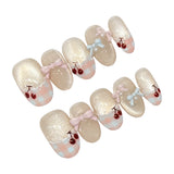 Qfdian  10PCS Handmade Press on Nails Sweet Cute Bow Decor Short Cat Eyes False Nails for Girl Women Wearable Reusable Ins Fake Nails