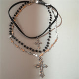 Qfdian  Punk Y2K Metal Cross Star Black Heart Pendant Multi Layer Bead Necklace For Women Men Vintage Gothic Charm Grunge Jewelry Gift