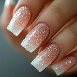 Qfdian  24Pcs Short Square Coffin False Nails Square Fake Nails with Glue French Glitter Wearable Acrylic Nails Set Press on Nail Tips