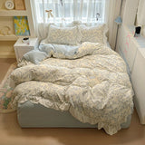 Qfdian  Floral print Korean style Princess Lace Bedding Set Duvet Cover Set Washed Cotton Flat Sheet set Queen For Girl Decor Home
