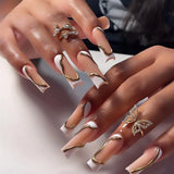 Qfdian 24Pcs Extra Long Square Fake Nail with Glue 3D Little Bear Bow Design False Nails White French Press on Nails Wearable Manicure