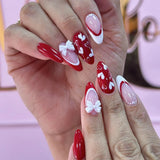 Qfdian  24pcs Valentine's Day Press On Nails  Gradient Red Almond French Style Fake Nails Love Heart 3D Bowknots Designs False Nail