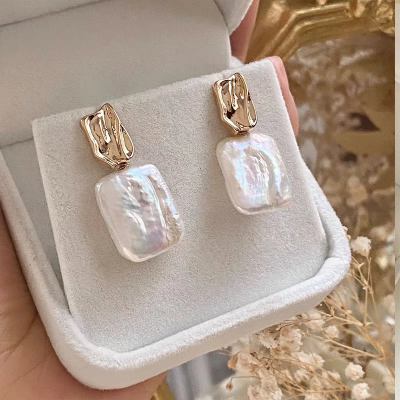 Natural Square Baroque Pearl Earrings French Ins Retro Simple Temperament Earrings Wedding Engagement Party Jewelry for Women