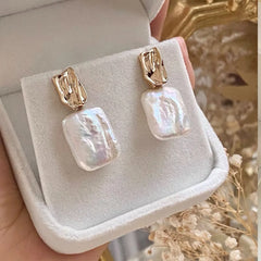 Natural Square Baroque Pearl Earrings French Ins Retro Simple Temperament Earrings Wedding Engagement Party Jewelry for Women