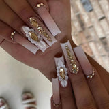 Qfdian  24Pcs Long Coffin False Nails Pink French Flowers Design Fake Nail with Butterfly Rhinestone Wearable Ballet Press on Nails