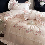 Qfdian Rose Flowers Embroidery Lace Ruffles Luxury Bedding Set 1000TC Egyptian Cotton Duvet Cover Set Flat/Fitted Bed Sheet Pillowcases