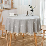 Qfdian Round Tassel Plaid Tablecloths Heavy Weight Cotton Linen Fabric Dust-Proof Table Cover Kitchen Dining Party Tabletop Decorations