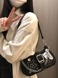 Qfdian Y2k Millennium Star Cowboy Underarm Bag Fashion Crescent Bag Canvas Handbag Chain Bag