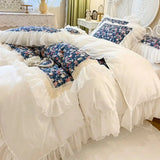 Qfdian 100% Cotton White Princess Bedding Sets Luxury Flowers Printing Lace Embroidery Ruffles Duvet Cover Bed Skirt Pillowcases 4/6Pcs