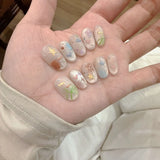 Qfdian  10pcs Cute Cat Eye Fake Nails Spring Simple Press on Nails Removable Hand Drawn Heart Star Moon False Nails Short Oval Nail Art