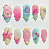 Qfdian 24pcs French Press on Nails Art Simple Pink Flower Star Design False Nail Tips Finished Mid-length Almond Fake Nail Set Manicure