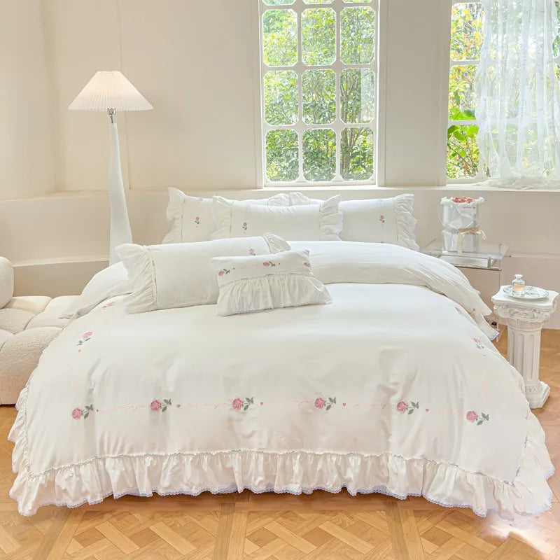 White Shabby Ruffle Duvet Cover Bedskirt Pillowcases 100%Cotton Ultra soft Farmhouse Chic Embroidery Bedding Comforter Cover