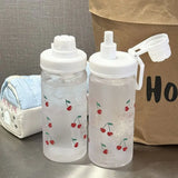 Qfdian  Kawaii Cherry Frosted Plastic Water Bottle With Straw Leak Proof Portable School Clear Juice Milk Tea Drinkware Water Cup 500ML