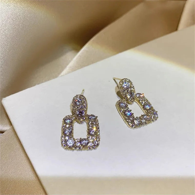 Korean Fashion Shining Rhinestone Hollow Square Drop Earrings for Women Girls Vintage Crystal Luxury Jewelry Party Gifts