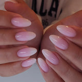 Qfdian 24pcs Simple Almond False Nails Sets Blush Design Press on Nails Art Datachable Short Oval Fake Nail with Jelly Glue Manicure