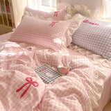 Qfdian  Korean Style Bedding Sets Pink Grid Bow Quilt Cover Romantic Bed Sheet Sets Woman Girls Bedroom Duvet Cover 4pcs