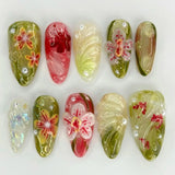Qfdian 24pcs Wearable False Nail Strawberry Bow Design Nails Tips Red Short Almond Pearl Starlight Fake Nail Art Flower Press on Nails
