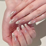 Qfdian 10pcs Handmade Oval Press On Nails Aurora French False Nails White Edge Rhinestone Design Nails Art Full Cover Wearable Manicure