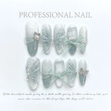 Qfdian 10Pcs Aurora Handmade False Nails with Jelly Glue Long Almond Fake Nail Art Shell Design Press on Nails Full Cover Manicure Tips